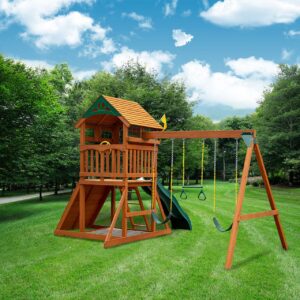 DIY Outing III Wooden Outdoor Playset with Tarp Roof, Rock Wall, Wave Slide, Swings, and Backyard Swing Set Accessories