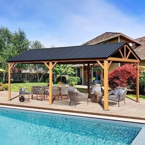 Domi Hardtop Gazebo 12' x 20' Metal Roof Gazebo for Patio with Alumium Frame Wooden Like